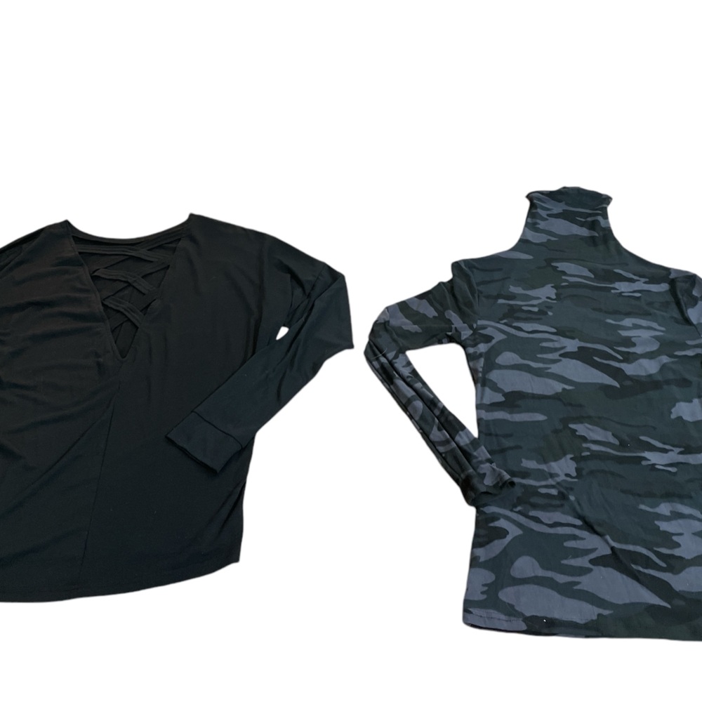 2 black athletic leisure wear women’s tops backless strappy oversize fitted camo